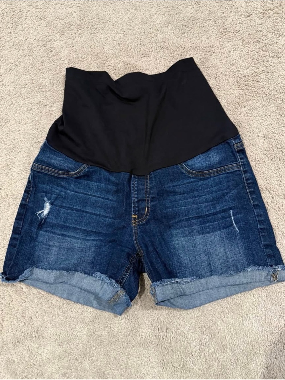 Maternity Dark Blue Denim Shorts with Black Stretch belly panel